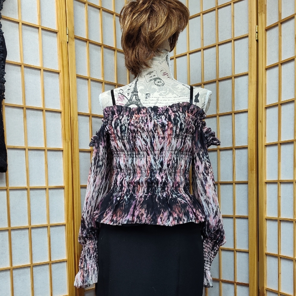 All Saints Pink and Black Off-Shoulder Smocked Blouse NWOT